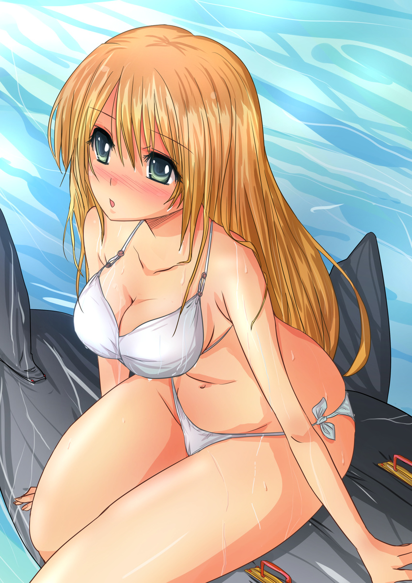 :o afloat bad_anatomy bare_arms bare_shoulders bikini blonde_hair blush breasts cleavage collar collarbone eyebrows_visible_through_hair feet_out_of_frame green_eyes highres inflatable_toy leaning_forward long_hair looking_at_viewer navel nose_blush nyanko_(neko_kitchen) original sitting stomach swimsuit tareme very_long_hair water wet white_bikini