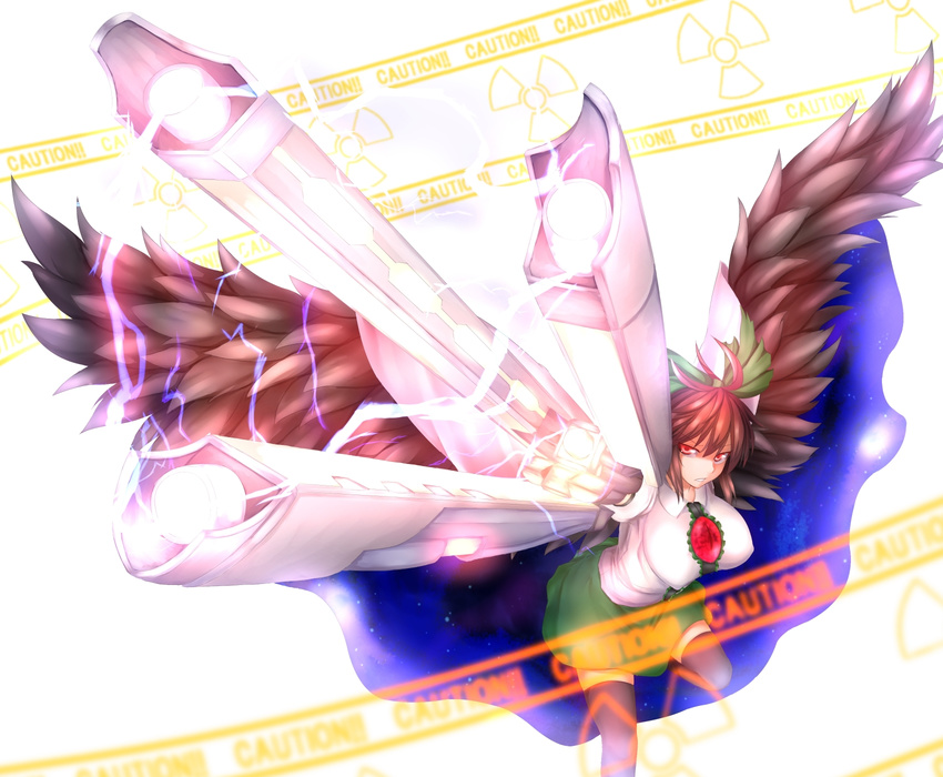 alternate_weapon arm_cannon black_legwear bow breasts brown_hair cape caution glowing glowing_weapon hair_bow highres large_breasts looking_at_viewer nikonikosiro radiation_symbol red_eyes reiuji_utsuho shirt skirt solo space sparks thighhighs third_eye touhou weapon wings zettai_ryouiki