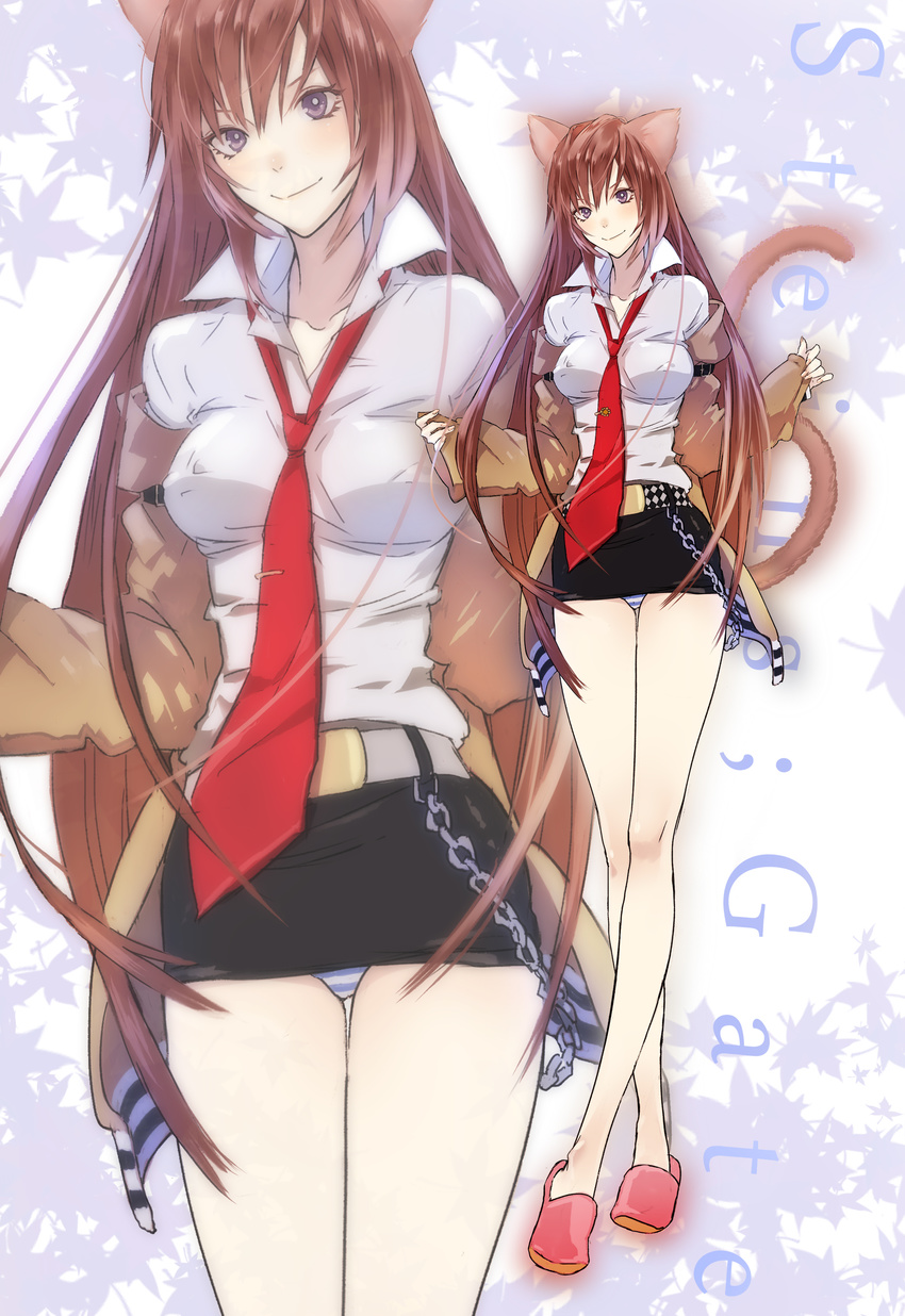 absurdres animal_ears bare_legs belt blue_eyes blush breasts brown_hair chain crossed_legs highres jacket koutarou_(farthest) long_hair long_legs makise_kurisu medium_breasts miniskirt necktie no_legwear panties red_neckwear simple_background skirt sleeves_past_wrists smile solo standing steins;gate striped striped_panties tail underwear zoom_layer