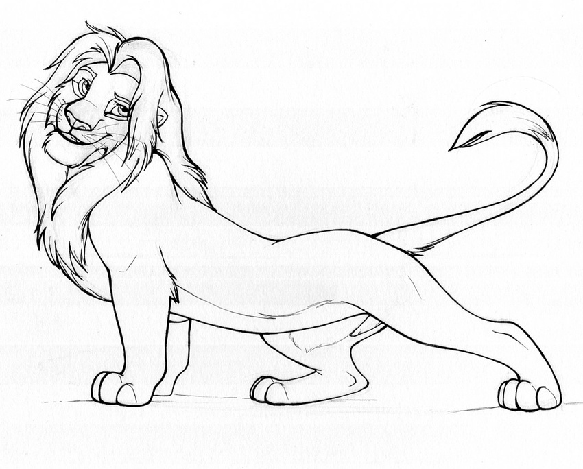 autumnsunrise black_and_white chest_tuft disney erection feline feline_penis feral fur line_art lion looking_at_viewer male mammal monochrome nude paws penis pose scan side_view simba smile solo stretching tail_tuft the_lion_king tuft