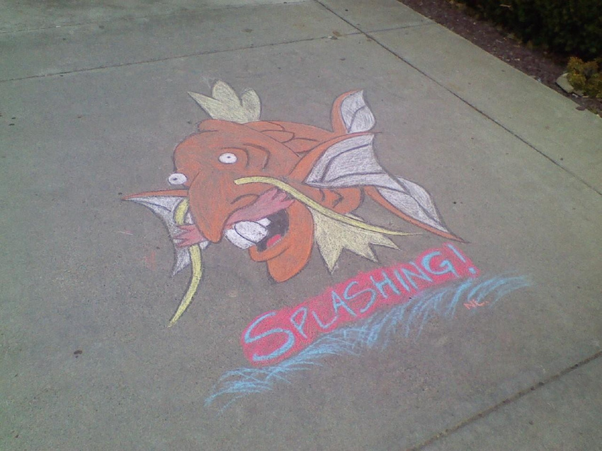 chalk english_text facial_hair fin fins fish humor magikarp male marine mustache nigel_thornberry nintendo open_mouth orange_scales photo pok&#233;mon pok&eacute;mon real scale scales sidewalk splashing teeth text tongue tooth unknown_artist video_games water