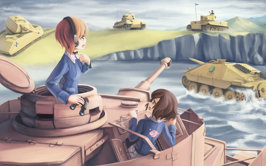 akiyama_yukari anglerfish bad_id bad_pixiv_id bangs binoculars blue_jacket brown_eyes brown_hair caterpillar_tracks emblem flag girls_und_panzer ground_vehicle headphones highres holding jacket jagdpanzer_38(t) kuromorimine_(emblem) long_sleeves looking_at_another messy_hair military military_uniform military_vehicle miniskirt motor_vehicle mountain multiple_girls nishizumi_maho nishizumi_miho ooarai_military_uniform open_mouth panzerkampfwagen_iv panzerkampfwagen_viii_maus pleated_skirt short_hair siblings sisters skirt tank tank_destroyer throat_microphone tiger_i tiger_ii tkfkid turretless_tank turtle uniform white_skirt