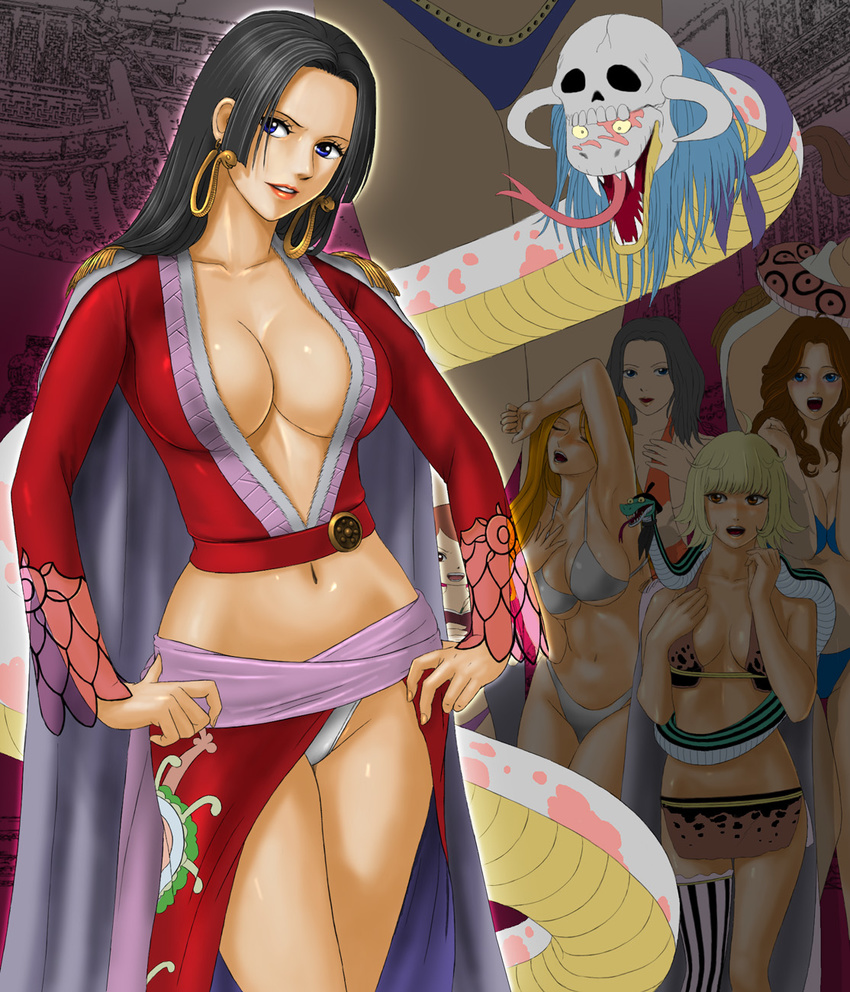 amazon amazon_lily aphelandra black_hair blue_eyes boa_hancock breasts character_request cleavage earrings female hand_on_hips hands_on_hips highres jewelry long_hair looking_at_viewer marguerite midriff navel nerine_(one_piece) one_piece panties salome_(one_piece) shichibukai side_slit single_thighhigh snake standing sweet_pea thighhighs toten_(artist) underwear vertical_stripes white_panties