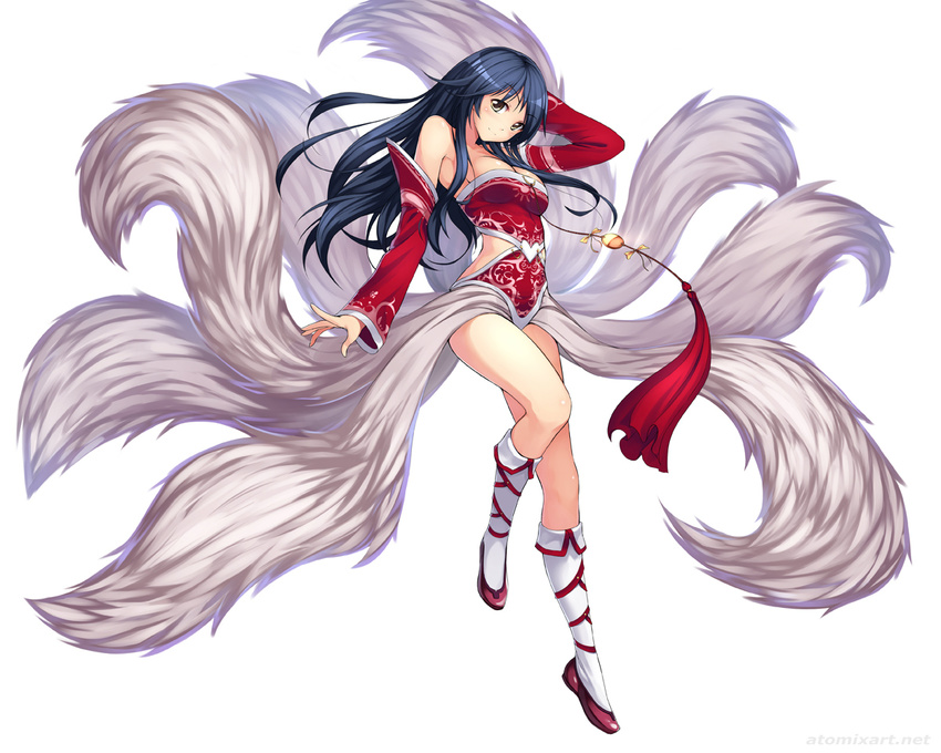 ahri atomix black_hair blush breasts detached_sleeves fox fox_tail korean_clothes league_of_legends legs long_hair looking_at_viewer medium_breasts multiple_tails simple_background smile solo tail thighs yellow_eyes