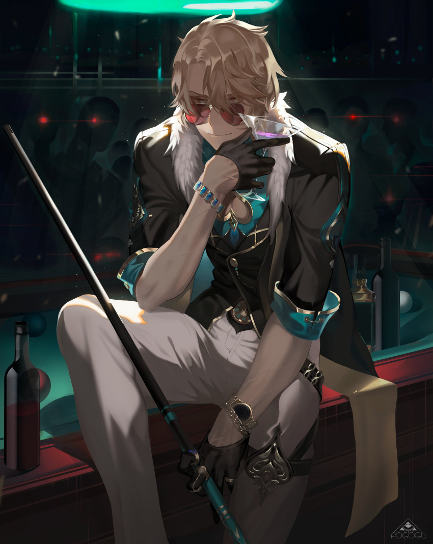 1boy absurdres aqua_shirt aventurine_(honkai:_star_rail) ball billiard_ball black_gloves black_jacket blonde_hair bottle bracelet closed_mouth clothing_cutout cocktail_glass cue_stick cup drinking_glass fur_trim glasses gloves hair_between_eyes highres holding honkai:_star_rail honkai_(series) jacket jewelry male_focus pants pogogu shirt short_hair sitting solo_focus watch white_pants wine_bottle wristwatch