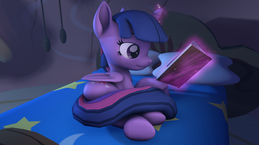 16:9 3d_(artwork) 4k absurd_res bed bedroom book digital_media_(artwork) equid equine female feral friendship_is_magic furniture hasbro hi_res horn horse magic mammal my_little_pony pony purple_body reading reading_book relaxing solo source_filmmaker stuffguy123 twilight_sparkle_(mlp) widescreen winged_unicorn wings