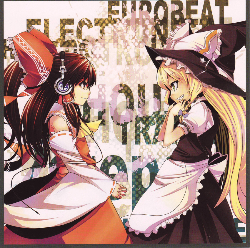 absurdres apron bare_shoulders black_dress blonde_hair bow cravat detached_sleeves dress from_side grin hair_bow hair_tubes hakurei_reimu hands_together hat hat_bow headphones highres interlocked_fingers kirisame_marisa long_hair long_sleeves looking_at_another multiple_girls nirai_kanai puffy_short_sleeves puffy_sleeves red_bow red_skirt red_vest ribbon-trimmed_sleeves ribbon_trim short_sleeves sidelocks skirt smile teeth touhou v_arms very_long_hair vest waist_apron white_bow witch_hat yin_yang