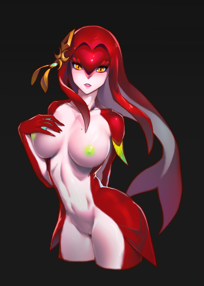 1girl arm_fins black_background breasts collarbone colored_nipples colored_skin cropped_legs fish_girl floating_hair green_nipples hair_intakes hair_ornament hand_up highres large_breasts looking_at_viewer mipha mole mole_on_breast monster_girl navel nipples nude parted_lips pink_lips red_skin simple_background solo the_legend_of_zelda the_legend_of_zelda:_breath_of_the_wild unapril webbed_hands yellow_eyes zora
