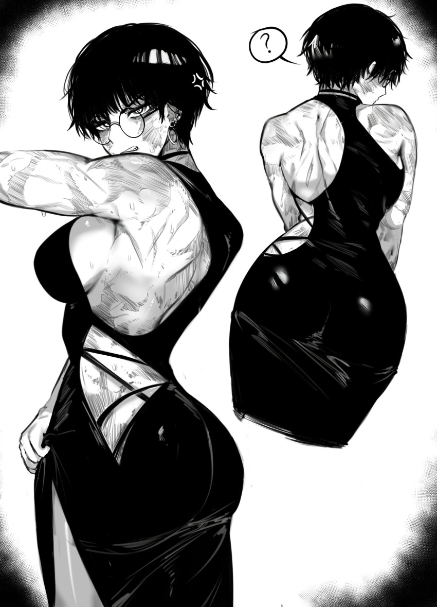 1girl ? absurdres anger_vein ass breasts burn_scar clenched_teeth commentary cowboy_shot dress earrings english_commentary from_behind glasses greyscale highres hoop_earrings jewelry jujutsu_kaisen large_breasts looking_at_viewer looking_back monochrome multiple_views pantyhose round_eyewear scar scar_on_arm scar_on_back scar_on_face short_hair shoulder_blades side_slit sideboob simple_background sleeveless sleeveless_dress speech_bubble spoken_question_mark standing sweat teeth toned too_many_scars wardrobe_error zen'in_maki zovokia