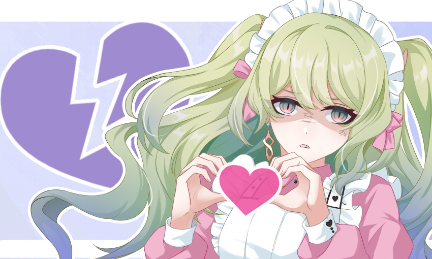 1girl absurdres alternate_costume anger_vein apron bow chinese_commentary commentary_request dress earrings enmaided frills green_eyes green_hair hands_up heart heart_hands highres honkai_(series) honkai_impact_3rd jewelry long_hair long_sleeves looking_at_viewer maid maid_apron maid_headdress mobius_(honkai_impact) multicolored_hair open_mouth ouya_(pixiv_52685215) pink_bow pink_dress pink_eyes shaded_face slit_pupils solo twintails two_side_up upper_body wavy_hair white_apron