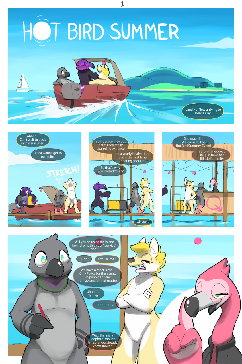 absurd_res anthro avian bird boat canid canine comic english_text featureless_crotch flamingo group hi_res island luggage luggage_case luggage_stack male mammal motorboat_(boat) nude pier sea sexotheque sexotheque_hot_bird_summer text tiki tiki_bar tiki_torch tropical vehicle water watercraft