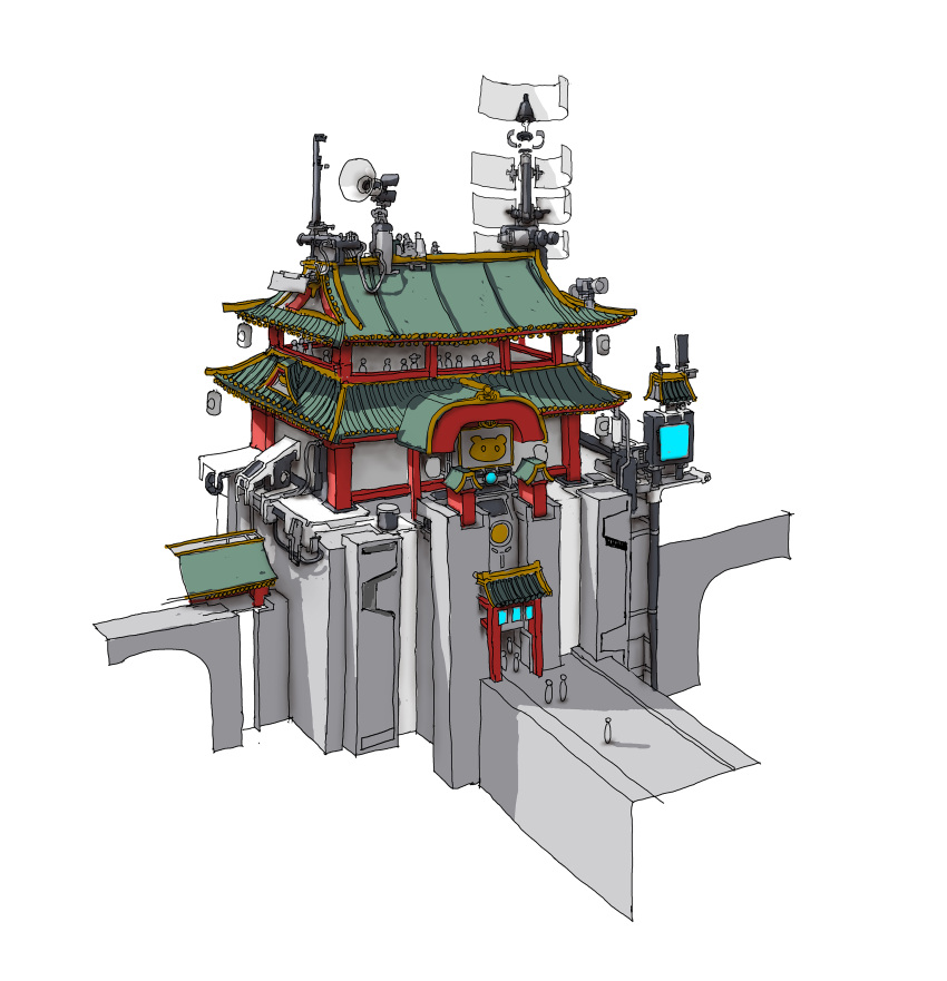 absurdres architecture bridge building chinese_commentary commentary_request cyberpunk east_asian_architecture highres no_humans original people ruanjia satellite_dish simple_background sketch torii white_background