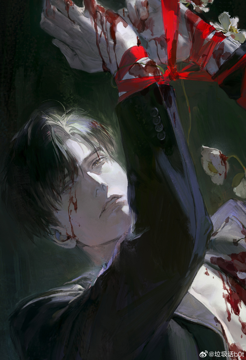 1boy absurdres arms_up black_background black_hair black_suit blood blood_on_clothes blood_on_face chinese_commentary creamyghost flower highres lips long_sleeves looking_at_viewer love_and_deepspace male_focus open_clothes parted_lips red_ribbon restrained ribbon shirt short_hair solo suit upper_body white_flower white_shirt zayne_(love_and_deepspace)