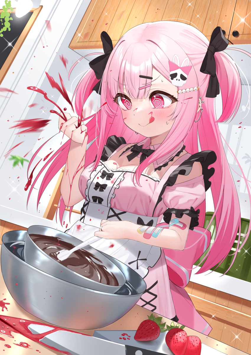 1girl :p @_@ absurdres apron bandaid bandaid_on_arm black_bow blush bow breasts chocolate cleavage closed_mouth collar commentary_request crushing detached_collar food frilled_apron frills fruit hair_bow hair_ornament hairclip highres holding indoors knife long_hair looking_down medium_breasts mixing_bowl original pink_bow pink_collar pink_hair pink_shirt pink_skirt puffy_short_sleeves puffy_sleeves purple_eyes rabbit_hair_ornament shirt short_sleeves skirt skull_hair_ornament smile solo spatula strawberry sweat tongue tongue_out tsukiman two_side_up v-shaped_eyebrows very_long_hair water white_apron wing_collar