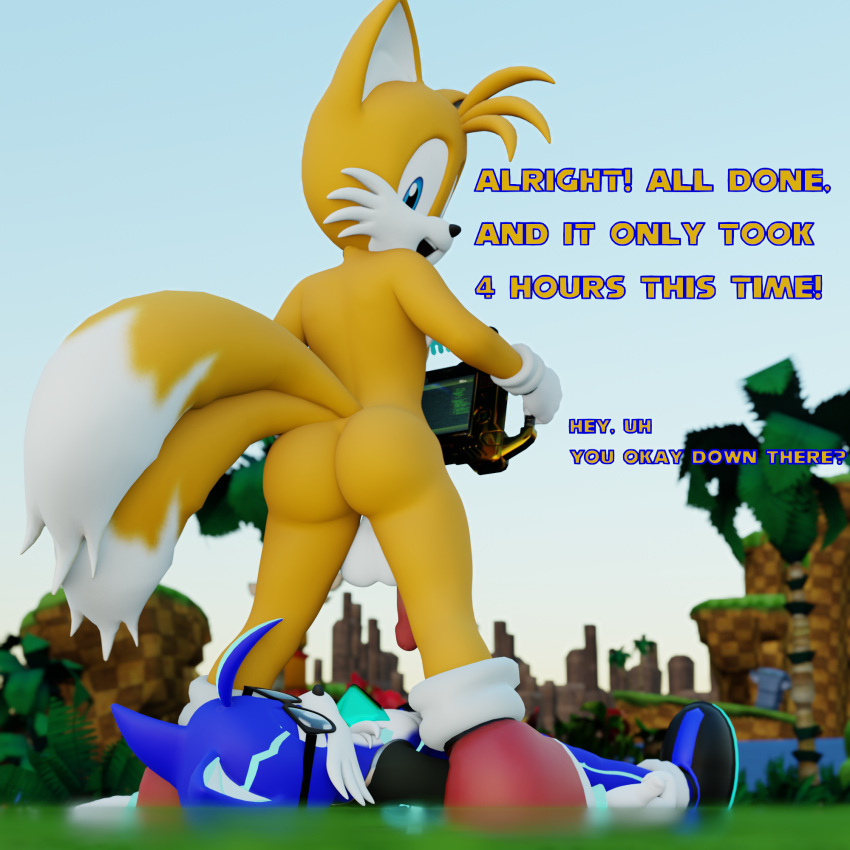 2_tails 3d_(artwork) anthro balls canid canine chest_crystal chrystix_(twintails3d) computer crystal dialogue digital_media_(artwork) duo electronics english_text eyewear fan_character fox genitals glasses hi_res lying male male/male mammal miles_prower multi_tail on_back penis sega sonic_the_hedgehog_(series) standing standing_over tail text twintails3d