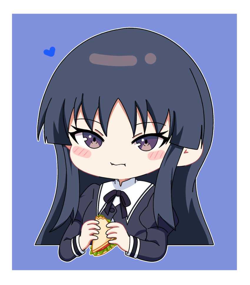 1girl :t assault_lily black_hair black_ribbon blue_background blush border buttons chibi closed_mouth commentary cropped_jacket cropped_torso eating food hands_up heart highres holding holding_food juliet_sleeves long_hair long_sleeves looking_at_viewer neck_ribbon outline puffy_sleeves purple_eyes ribbon sandwich school_uniform shirai_yuyu sidelocks simple_background solo symbol-only_commentary upper_body white_border white_outline yui_(yui1115_) yurigaoka_girls_academy_school_uniform