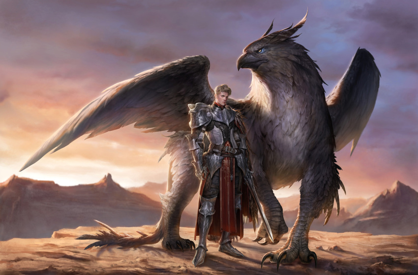 1boy absurdres armor beak belt blonde_hair brown_belt day feathered_wings gauntlets griffin gwang-seop_han highres holding holding_sword holding_weapon knight looking_at_viewer original outdoors pauldrons short_hair shoulder_armor standing sword talons weapon wings