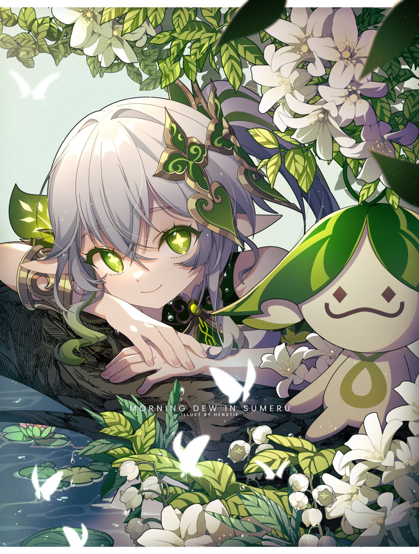 1girl bracelet branch bug butterfly child dress flower genshin_impact gradient_hair green_eyes green_hair grey_hair hair_between_eyes hair_ornament hen-tie highres jewelry leaf leaf_hair_ornament lily_pad long_hair multicolored_hair nahida_(genshin_impact) pointy_ears side_ponytail sleeveless sleeveless_dress smile solo streaked_hair symbol-shaped_pupils water white_butterfly white_dress white_flower