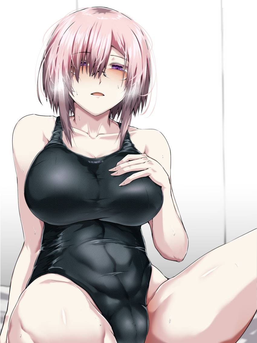 1girl black_one-piece_swimsuit blush breasts competition_swimsuit covered_navel fate/grand_order fate_(series) glasses hair_over_one_eye heavy_breathing highleg highleg_swimsuit highres large_breasts looking_at_viewer mash_kyrielight one-piece_swimsuit open_mouth purple_eyes purple_hair short_hair smile solo swimsuit tgxx3300