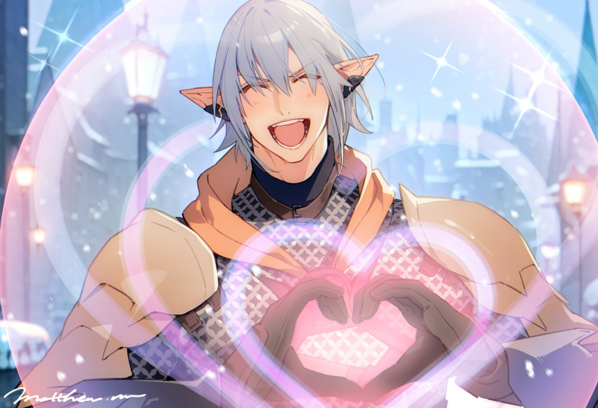 1boy ^_^ armor black_gloves blurry blurry_background building chainmail city closed_eyes commentary earclip elezen elf facing_viewer final_fantasy final_fantasy_xiv gloves grey_hair hair_between_eyes haurchefant_greystone heart heart_hands lamppost male_focus matthewmetamor open_mouth outdoors pauldrons pointy_ears short_hair shoulder_armor signature smile snowing solo sparkle upper_body