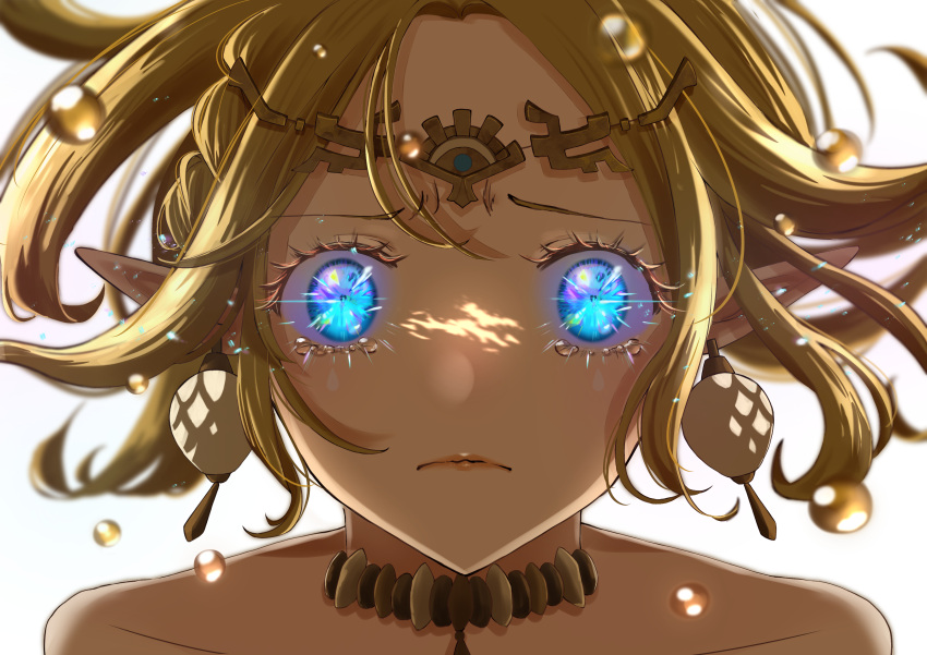 1girl absurdres bare_shoulders beads blonde_hair blue_eyes braid closed_mouth dappled_sunlight earrings eyelashes frown highres jewelry looking_at_viewer necklace pointy_ears portrait princess_zelda ryosu127 short_hair side_braid simple_background solo straight-on sunlight the_legend_of_zelda the_legend_of_zelda:_tears_of_the_kingdom tiara white_background wide-eyed