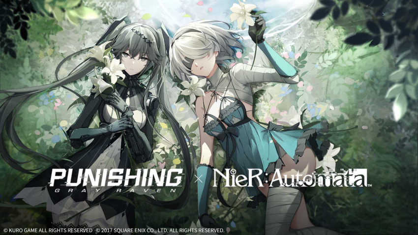 2b_(nier:automata) 2girls black_hair blindfold breasts copyright_name cosplay crossover flower gloves grey_eyes grey_hair hairband highres holding holding_flower kaine_(nier) kaine_(nier)_(cosplay) logo long_hair lucia_(punishing:_gray_raven) lying multiple_girls nier:automata nier_(series) official_art punishing:_gray_raven robot_girl second-party_source white_hair