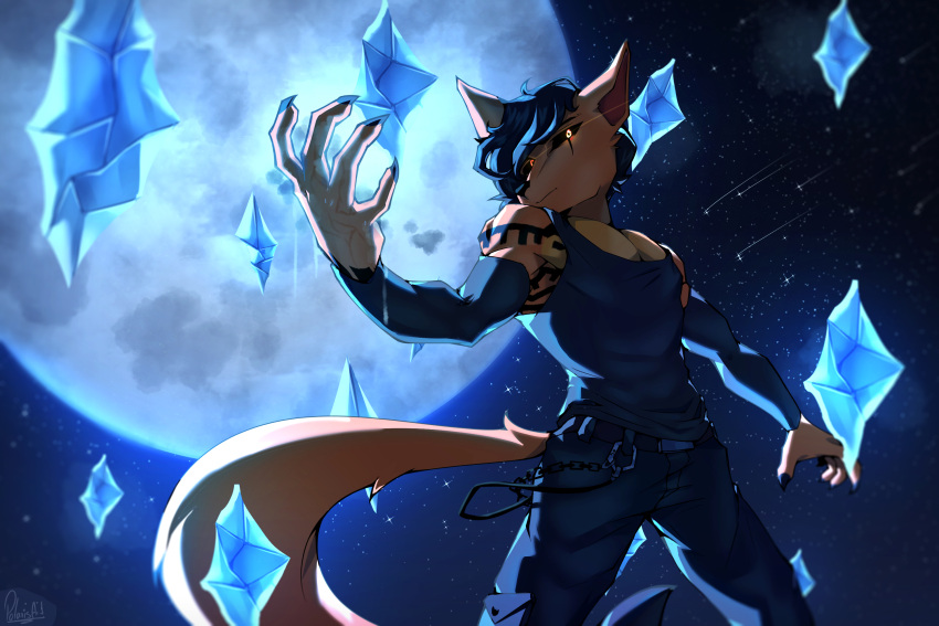 3:2 canid canine eyeshadow fox hi_res ice light makeup male male/male mammal moon moonlight night pinup polarisart pose power-up sky solo star