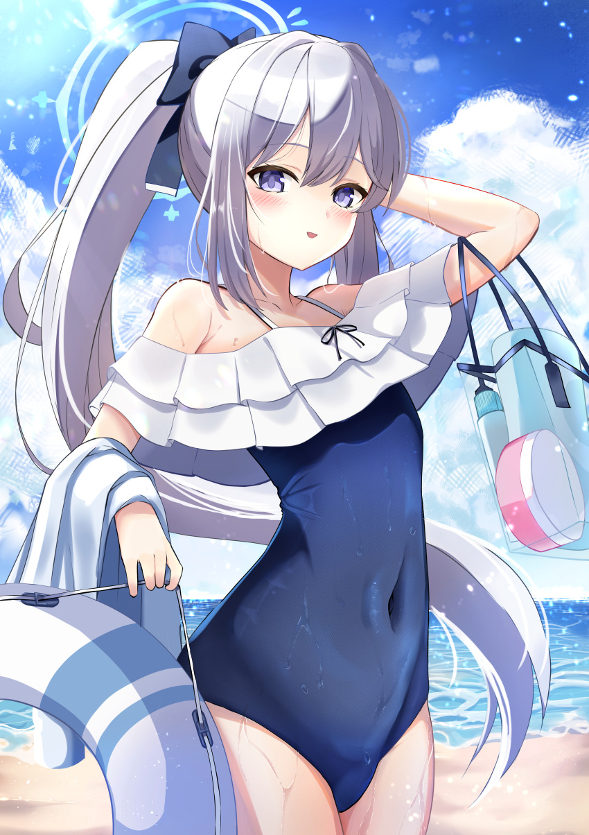 1girl absurdres bare_arms bare_legs bare_shoulders blue_archive blue_halo blue_one-piece_swimsuit blush casual_one-piece_swimsuit commentary cowboy_shot frilled_one-piece_swimsuit frills grey_hair halo highres kuromiz long_hair looking_at_viewer miyako_(blue_archive) miyako_(swimsuit)_(blue_archive) off-shoulder_one-piece_swimsuit off_shoulder official_alternate_costume official_alternate_hairstyle one-piece_swimsuit open_mouth ponytail purple_eyes smile solo swimsuit