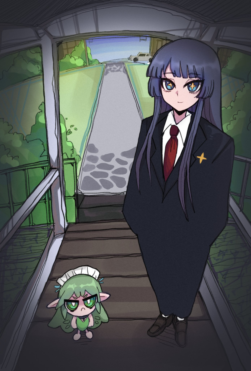 2girls black_souls blue_eyes blue_hair bright_pupils brown_footwear bush business_suit car chinese_commentary closed_mouth collared_shirt cross-shaped_pupils dark_blue_hair fairy fairy_wings frown green_eyes green_hair green_leotard highres koshou_shou_mitsu leaf_(black_souls) leotard loafers long_hair mabel_(black_souls) maid_headdress motor_vehicle multiple_girls necktie path pointy_ears porch red_necktie shirt shoes suit symbol-shaped_pupils white_pupils white_shirt wings yellow_pupils