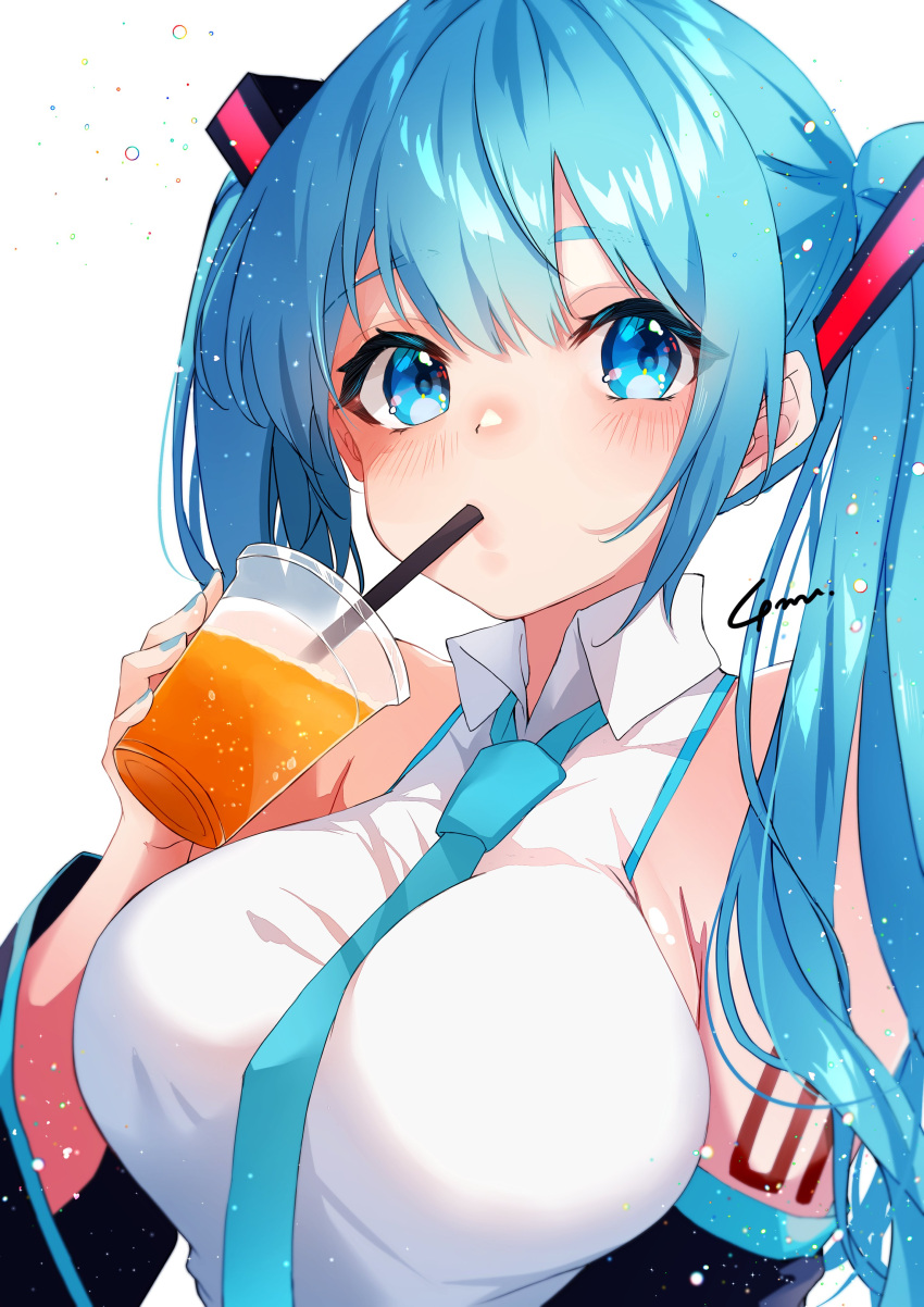 1girl absurdres alternate_breast_size anzu_(x_anzu_ill) aqua_eyes aqua_hair aqua_necktie arm_tattoo bare_shoulders between_breasts blush breasts collared_shirt commentary_request cup detached_sleeves disposable_cup drinking drinking_straw eyelashes hair_between_eyes hand_up hatsune_miku highres holding holding_cup large_breasts long_hair long_sleeves looking_at_viewer necktie necktie_between_breasts shirt simple_background sleeveless sleeveless_shirt solo tattoo tea twintails upper_body vocaloid white_background white_shirt wide_sleeves