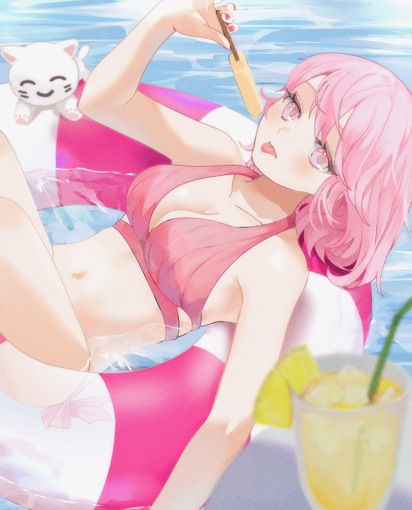 1girl bikini breasts cat food highres holding holding_food holding_popsicle indie_utaite innertube mebuki_(moon_angel_4) medium_breasts midriff nqrse pink_bikini pink_eyes pink_hair popsicle short_hair solo stomach swim_ring swimsuit tongue tongue_out water