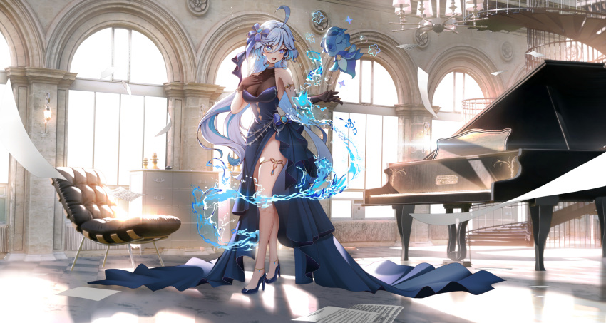1girl ahoge alternate_breast_size armlet bare_legs bare_shoulders black_footwear blue_dress blue_eyes blue_hair bow breasts brown_gloves chair chandelier cleavage cocktail_dress collarbone dress formal full_body furina_(genshin_impact) genshin_impact gloves grand_piano hair_between_eyes hair_bow hand_on_own_chest hand_up heterochromia high_heels highres indoors instrument large_breasts long_dress long_hair multicolored_hair open_mouth piano see-through see-through_cleavage side_slit skindentation sleeveless sleeveless_dress smile spiral_staircase ssong2 stairs standing sunlight surintendante_chevalmarin thighlet thighs two-tone_hair very_long_hair water wavy_hair white_hair window