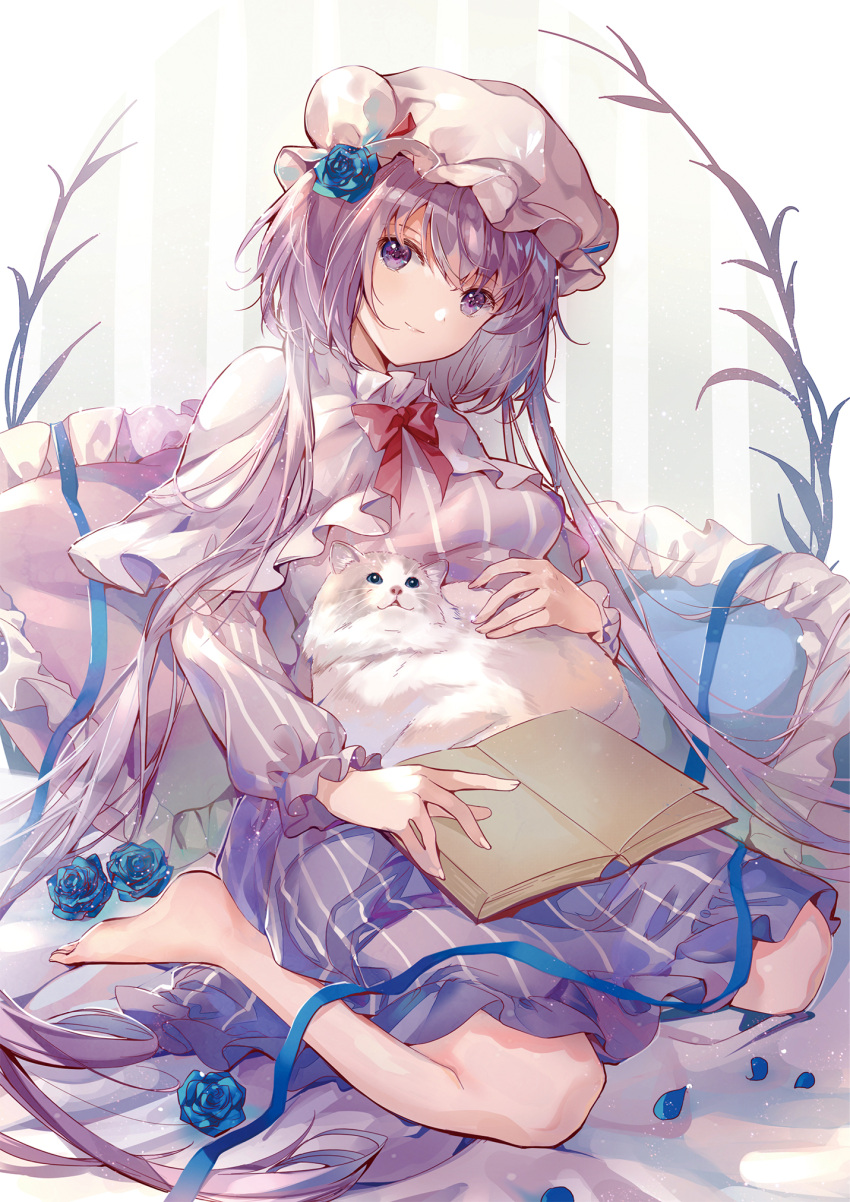 1girl absurdly_long_hair alternate_costume alternate_hair_color alternate_hairstyle animal animal_on_lap bare_legs barefoot blue_dress blue_flower blue_ribbon blue_rose book bow bowtie capelet cat cat_on_lap closed_mouth cosplay dress flower frilled_capelet frilled_dress frilled_hat frilled_pillow frilled_sleeves frills full_body gradient_dress hair_flower hair_ornament hair_spread_out hat head_tilt highres holding holding_animal holding_cat kita_(kitairoha) light_particles long_hair long_sleeves looking_at_viewer looking_up mob_cap non-web_source on_bed on_lap patchouli_knowledge patchouli_knowledge_(cosplay) petting pillow plant purple_capelet purple_dress purple_eyes purple_hair red_bow red_bowtie red_ribbon ribbon rose scan short_hair_with_long_locks sidelocks sitting smile solo striped_background striped_clothes striped_dress touhou tsukumo_benben two-tone_dress vertical-striped_clothes vertical-striped_dress very_long_hair wariza white_cat