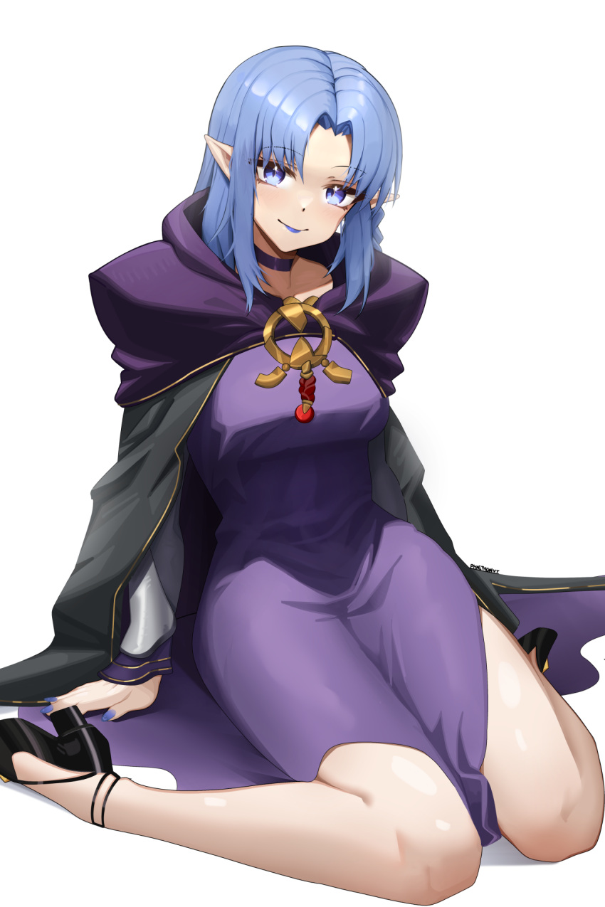 1girl black_footwear blue_eyes blue_hair blue_lips blue_nails braid breasts fate/grand_order fate/stay_night fate_(series) high_heels highres hood hood_down lipstick long_hair long_sleeves looking_at_viewer makeup medea_(fate) medium_breasts phaethonvt pointy_ears side_braid simple_background sitting solo wariza white_background