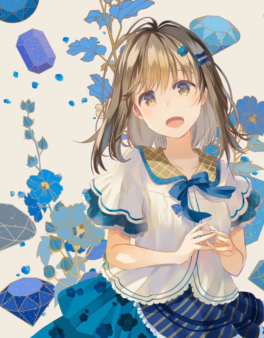 1girl :d blue_bow blue_flower blue_gemstone blue_skirt bow brown_background brown_eyes brown_hair collared_shirt commentary_request dress_shirt floral_print flower gem hair_bow hair_flower hair_ornament highres looking_at_viewer naruse_chisato original print_skirt shirt short_sleeves simple_background skirt smile solo steepled_fingers white_shirt