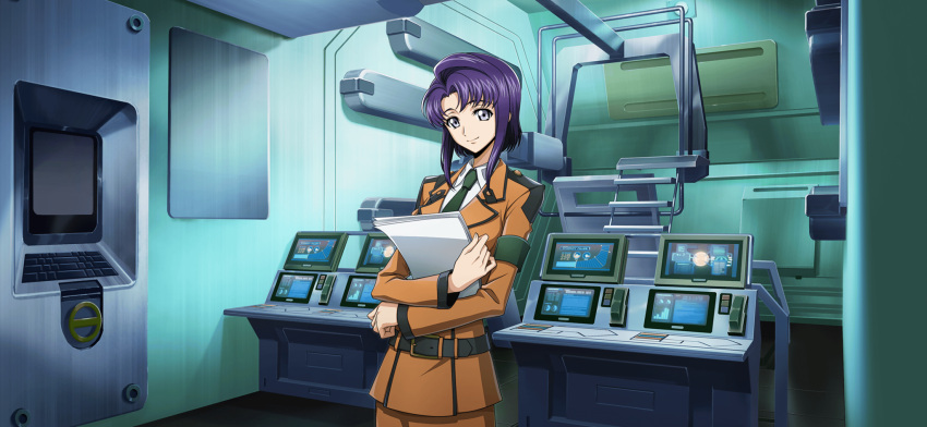 1girl armband artist_request belt blue_eyes breasts cecile_croomy closed_mouth code_geass code_geass:_lost_stories collared_shirt crossed_arms game_cg green_necktie happy highres holding holding_paper indoors jacket laboratory long_sleeves looking_at_viewer medium_breasts military_uniform monitor necktie non-web_source official_art orange_jacket orange_skirt paper purple_hair shirt short_hair sidelocks skirt smile solo standing uniform upper_body white_shirt