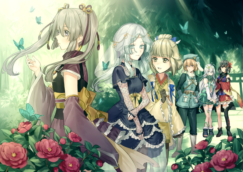 6+girls aoba_chika arms_behind_back black_hair blonde_hair blue_butterfly blue_dress blue_eyes blue_hair blunt_bangs breasts brown_eyes brown_hair bug bush butterfly commentary_request crossed_arms detached_sleeves dress flower frilled_dress frills group_picture hair_between_eyes hair_flower hair_ornament hand_on_own_arm hand_up highres hiroe_chiharu japanese_clothes kimono leaf long_hair long_sleeves looking_at_another looking_at_viewer magia_record:_mahou_shoujo_madoka_magica_gaiden magical_girl mahou_shoujo_madoka_magica medium_breasts miniskirt miura_asahi mole mole_under_eye multiple_girls natsu_ryoko open_mouth orange_hair outdoors own_hands_together parted_bangs pink_flower purple_eyes purple_kimono red_kimono scarf short_hair sidelocks skirt smile standing sunlight toki_sunao tokime_shizuka torii tree twintails veil very_long_hair white_hair wide_sleeves yellow_kimono yukishiro_(hitsuji)