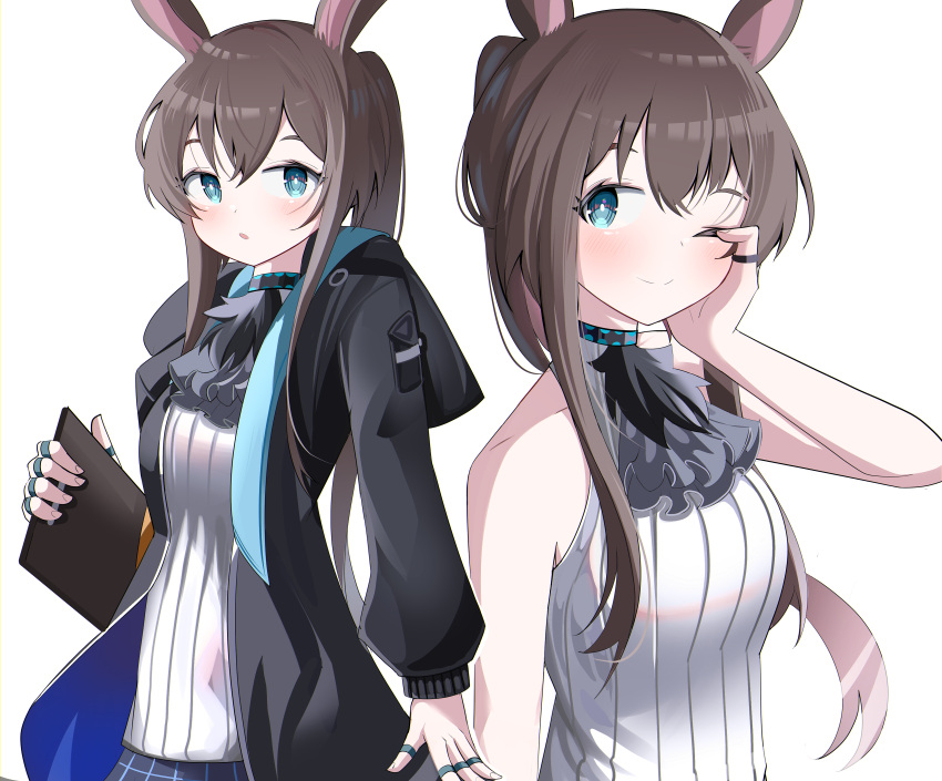 1girl ;) absurdres amiya_(arknights) animal_ears arknights bare_arms bare_shoulders black_jacket black_skirt blue_eyes blush breasts brown_hair closed_mouth hand_on_own_face hand_up highres holding hood hood_down hooded_jacket jacket jewelry long_hair long_sleeves looking_at_viewer multiple_views one_eye_closed open_clothes open_jacket parted_lips ponytail puffy_long_sleeves puffy_sleeves rabbit_ears ring shirt simple_background skirt sleeveless sleeveless_shirt small_breasts smile spam_(spamham4506) very_long_hair white_background white_shirt