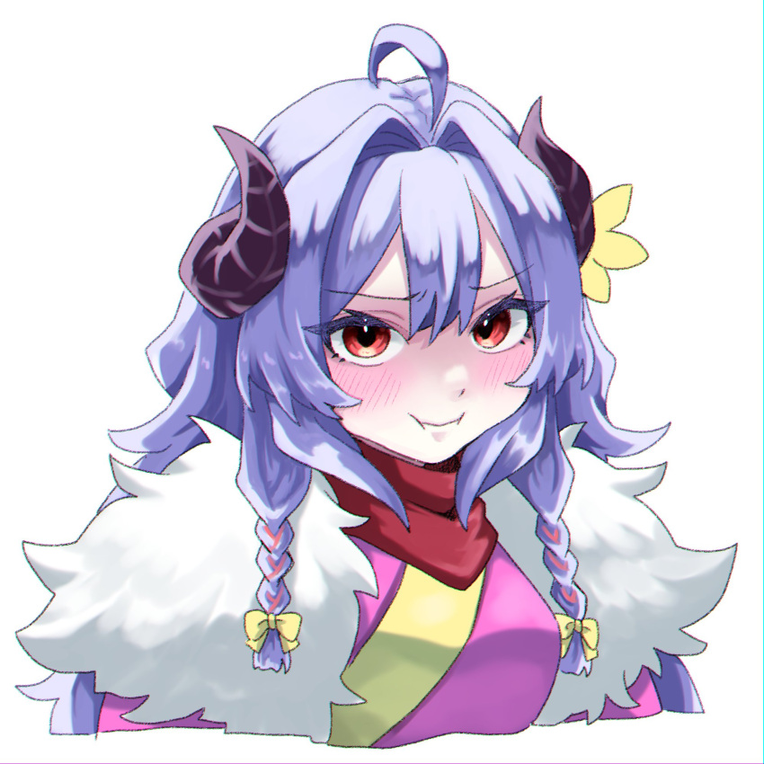 1girl ahoge black_horns blue_hair blush breasts cropped_torso flower fur-trimmed_kimono fur_trim hair_intakes highres horn_flower horns japanese_clothes kimono kindred_(league_of_legends) lamb_(league_of_legends) league_of_legends medium_breasts pout red_eyes ri_~yoku simple_background solo spirit_blossom_kindred white_background yellow_flower