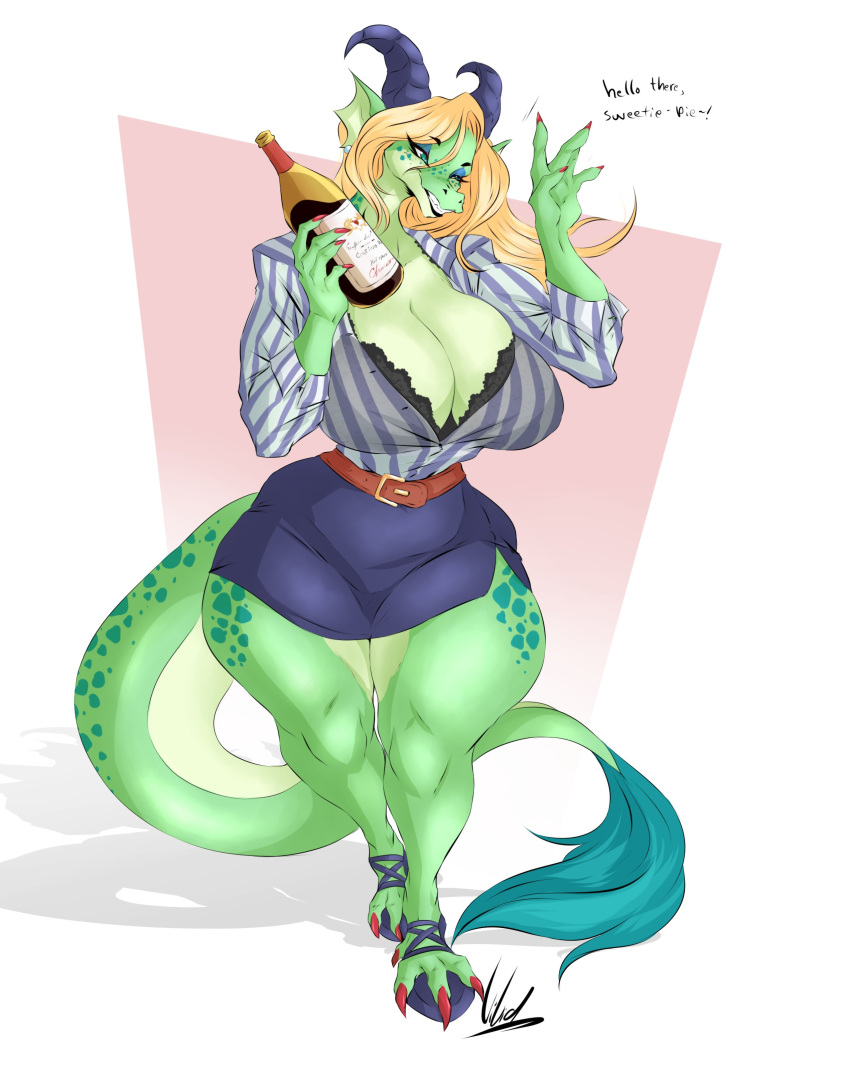 absurd_res alcohol anthro beverage blonde_hair bottomwear breasts cleavage clothed clothing curved_horn dialogue dragon dress_shirt dullvivid english_text facial_fin female footwear fur green_body green_fur green_scales green_spots grin hair half-closed_eyes hi_res horn markings narrowed_eyes sandals scales sharp_teeth shirt simple_background skirt smile solo spots spotted_body spotted_markings spotted_scales tail tail_tuft teeth text topwear tuft white_background wine