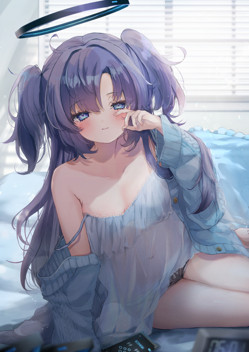 1girl black_shorts blue_archive blue_camisole blush breasts camisole clock closed_mouth collarbone digital_clock dolphin_shorts halo highres indoors long_hair looking_at_viewer mechanical_halo medium_breasts purple_eyes purple_hair seven-segment_display shorts sitting solo touko_56 two_side_up yuuka_(blue_archive)