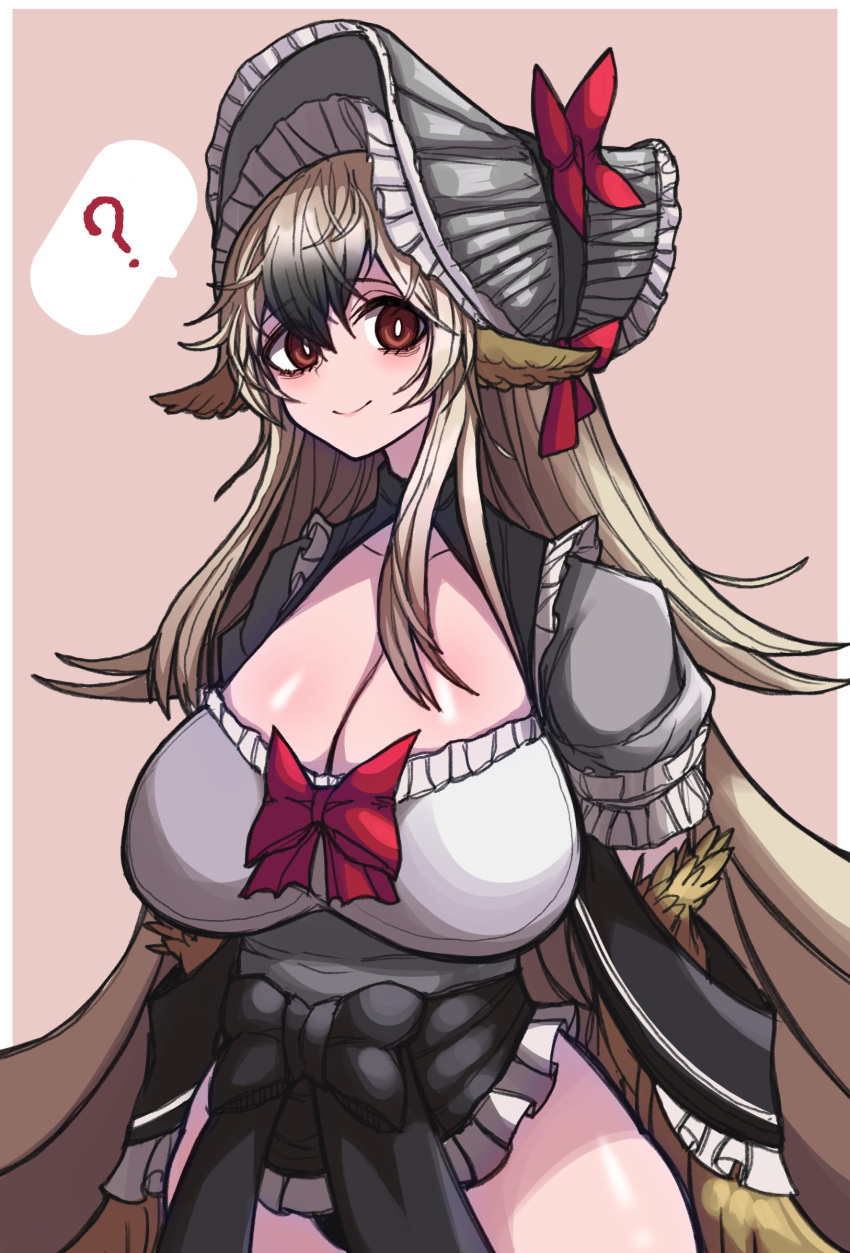 1girl ? bird_wings black_bow black_hair black_souls bonnet bow breasts bright_pupils brown_wings chinese_commentary cleavage closed_mouth dodo_(black_souls) feathered_wings gradient_hair grey_headwear hair_between_eyes harpy highres huge_breasts koshou_shou_mitsu light_brown_hair long_hair monster_girl multicolored_hair red_bow red_eyes smile solo speech_bubble spoken_question_mark two-tone_hair very_long_hair white_pupils wing_ears winged_arms wings