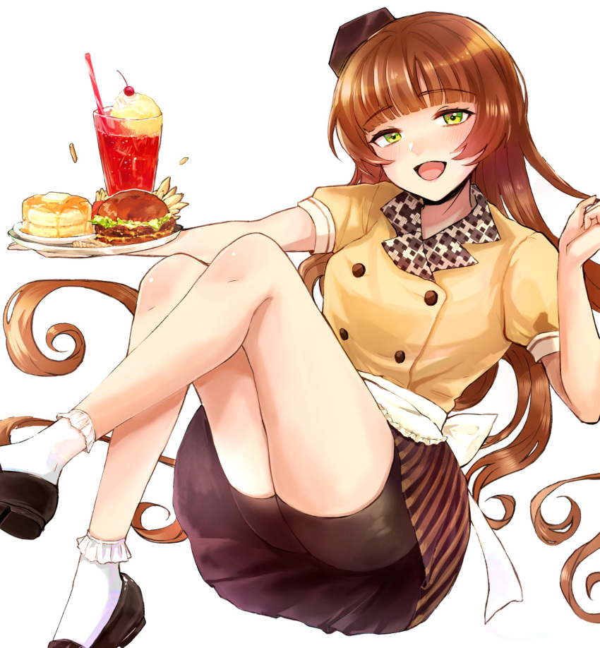 1girl alternate_costume apron bike_shorts_under_skirt black_footwear black_headwear blunt_bangs blush brown_hair burger cup drinking_straw food french_fries green_eyes hagioshi hat helena_(kancolle) highres kantai_collection long_hair looking_at_viewer open_mouth pancake shirt shoes short_sleeves simple_background skirt socks solo striped_clothes striped_skirt very_long_hair waist_apron waitress white_background white_shirt white_socks yellow_shirt