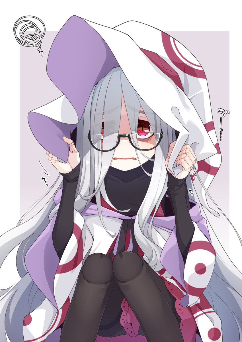 1girl bags_under_eyes black-framed_eyewear black_dress black_pantyhose commentary_request covered_collarbone doll_joints dress eyes_visible_through_hair fangs glasses grey_background grey_hair hair_over_one_eye hands_up hat highres hood hood_down hooded_robe iberis_(ogami_kazuki) joints knees_together_feet_apart knees_up long_sleeves off_shoulder ogami_kazuki original pantyhose parted_lips red_eyes robe semi-rimless_eyewear sleeves_past_wrists solo squiggle thick_eyebrows thighband_pantyhose two-tone_background under-rim_eyewear white_background white_headwear white_robe witch_hat