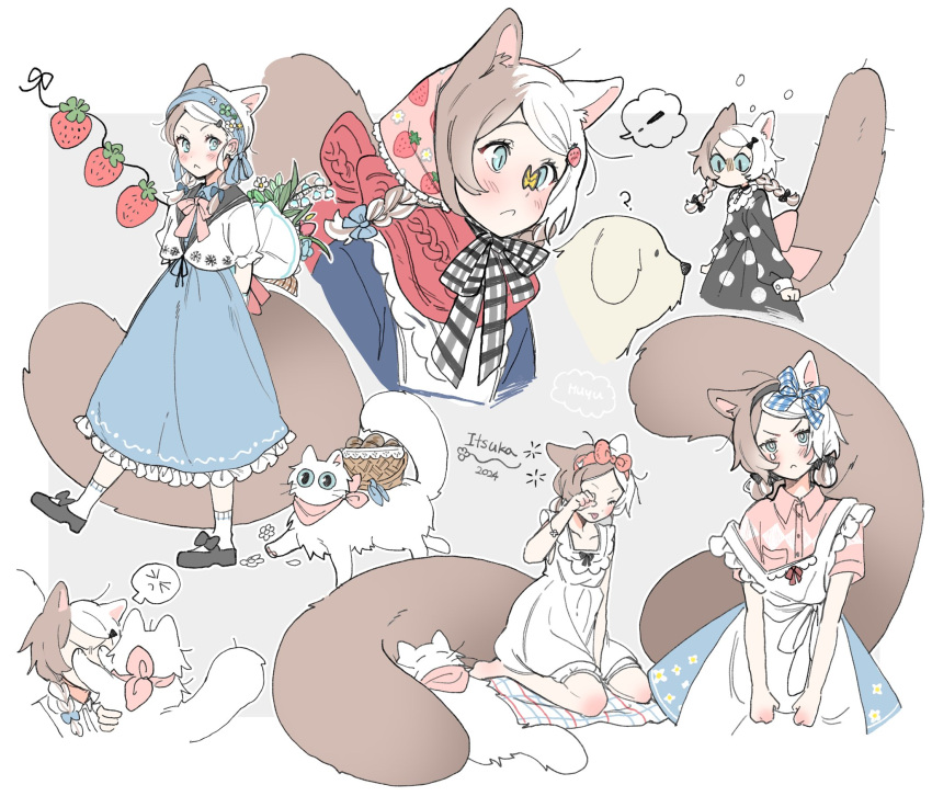 &gt;_&lt; 1girl :&lt; ? angry animal_ears apron arms_behind_back black_dress black_footwear black_sailor_collar blanket blue_bow blue_eyes blue_hairband blue_skirt blush bouquet bow bowtie brown_hair bug butterfly butterfly_on_nose cat cat_ears cat_girl cat_tail clenched_hands closed_eyes commentary cowboy_shot cropped_torso dated dog dot_nose dress english_commentary food food-themed_hair_ornament food_print fruit full_body grey_background hair_ornament hairband head_scarf high-waist_skirt highres multicolored_hair multiple_views o_o original pink_bow pink_bowtie pink_shirt plaid plaid_bow plaid_ribbon polka_dot red_scarf ribbon rubbing_eyes sailor_collar scarf shirt short_sleeves simple_background skirt sleeping socks speech_bubble split-color_hair strawberry strawberry_hair_ornament strawberry_print surprised tail tongue tongue_out wed_(lim38869577) white_apron white_background white_cat white_dress white_hair white_shirt white_socks