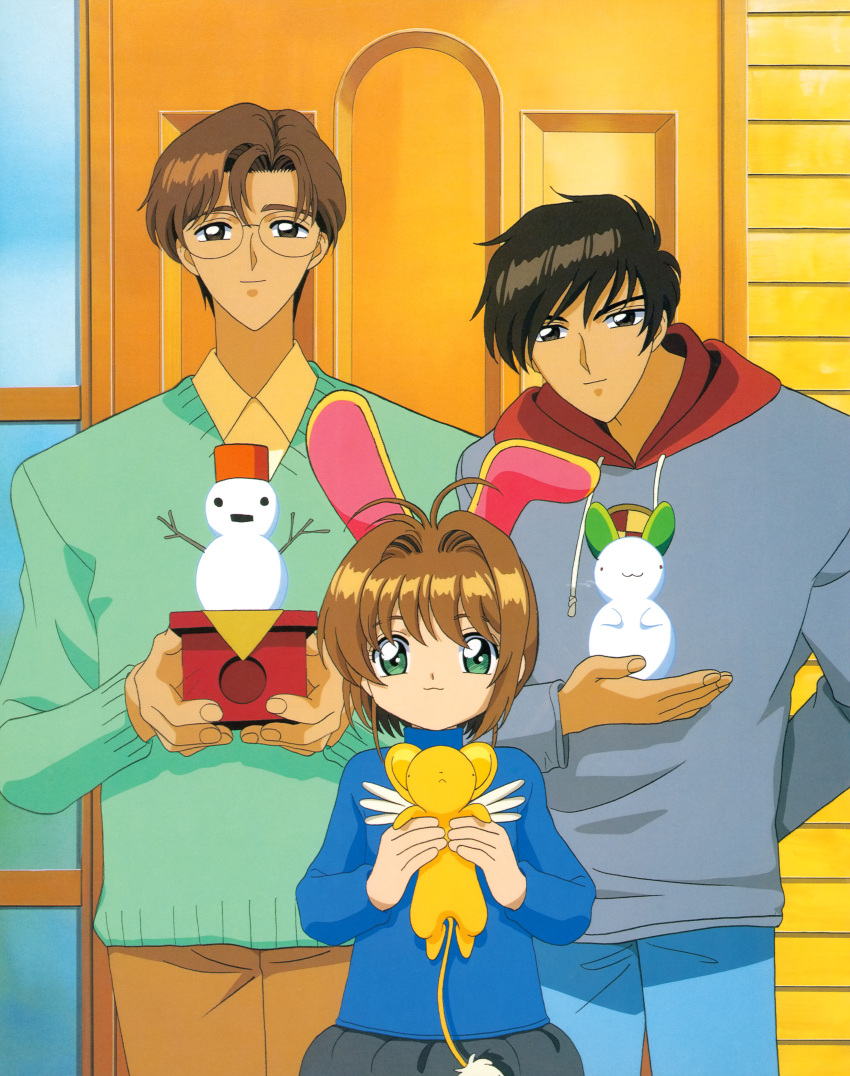 1girl 2boys :3 absurdres animal_ears brother_and_sister brown_hair cardcaptor_sakura closed_mouth father_and_daughter father_and_son glasses green_eyes highres holding kero kinomoto_fujitaka kinomoto_sakura kinomoto_touya multiple_boys official_art rabbit_ears siblings smile