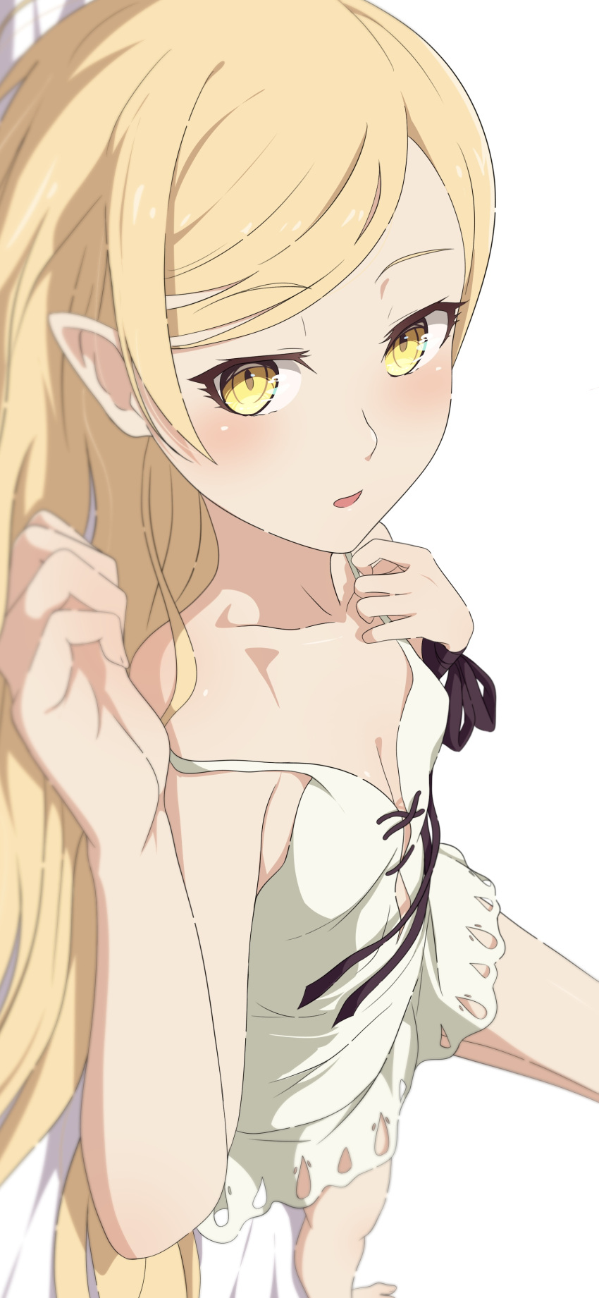 1girl absurdres bare_shoulders blonde_hair blush breasts camui1104 cleavage dress highres kiss-shot_acerola-orion_heart-under-blade long_hair looking_at_viewer lying monogatari_(series) open_mouth oshino_shinobu pointy_ears simple_background sleeveless sleeveless_dress small_breasts solo vampire white_background white_dress yellow_eyes