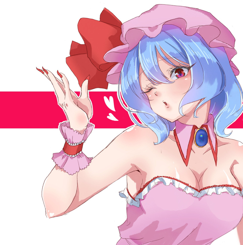 0002koko 1girl armpits blowing_kiss blue_hair breasts cleavage detached_collar dress fingernails hat hat_ribbon heart highres long_eyelashes mob_cap one_eye_closed open_mouth pink_headwear red_eyes red_nails remilia_scarlet ribbon sharp_fingernails solo strapless strapless_dress touhou upper_body
