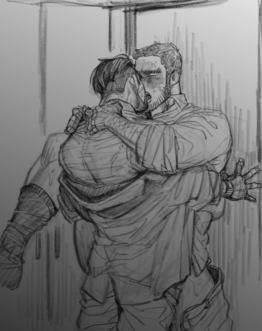 2boys anal arms_around_neck bara beard_stubble blush buzz_cut clothed_sex couple facial_hair french_kiss from_behind golden_kamuy greyscale highres kasuke_(li_tgknk) kiss leg_up loose_hair_strand male_focus mature_male monochrome multiple_boys muscular muscular_male off_shoulder ogata_hyakunosuke open_pants pants sex short_hair sketch socks stubble tanigaki_genjirou thick_eyebrows very_short_hair yaoi