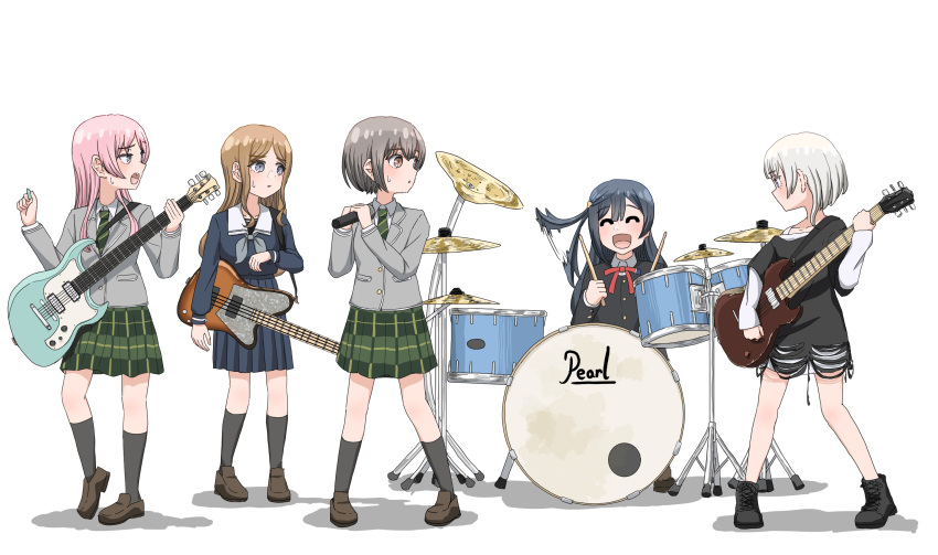 &amp;&amp; 5girls ^_^ ankle_boots bang_dream! bang_dream!_it's_mygo!!!!! bass_guitar black_footwear black_hair black_jacket black_shirt black_socks blazer blue_eyes blue_serafuku blue_skirt boots brown_eyes brown_footwear brown_hair chihaya_anon closed_eyes collared_shirt diagonal-striped_clothes diagonal-striped_necktie drum drum_set drumsticks electric_guitar full_body furrowed_brow green_necktie green_skirt grey_eyes grey_hair grey_jacket grey_neckerchief guitar haneoka_school_uniform hayashi_coco highres holding holding_drumsticks holding_instrument holding_microphone holding_plectrum instrument jacket kaname_raana kneehighs layered_sleeves loafers long_hair long_sleeves looking_at_another love_live! love_live!_nijigasaki_high_school_idol_club microphone multiple_girls nagasaki_soyo neck_ribbon neckerchief necktie nijigasaki_academy_school_uniform one_side_up open_mouth parted_lips pink_hair pleated_skirt plectrum red_ribbon ribbon sailor_collar school_uniform serafuku shadow shirt shoes short_hair skirt socks standing striped_clothes sweat takamatsu_tomori torn_clothes torn_shirt tsukinomori_school_uniform voice_actor_connection white_background white_hair white_sailor_collar white_shirt winter_uniform yuuki_setsuna_(love_live!)